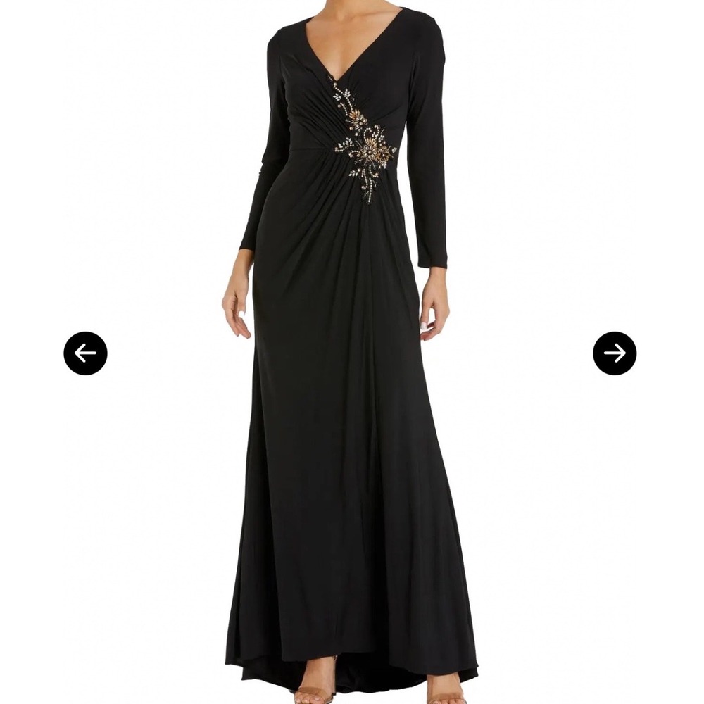 Mac Duggal 67848 Beaded V-Neck Long Sleeve Maxi Evening Gown Black 14 NEW